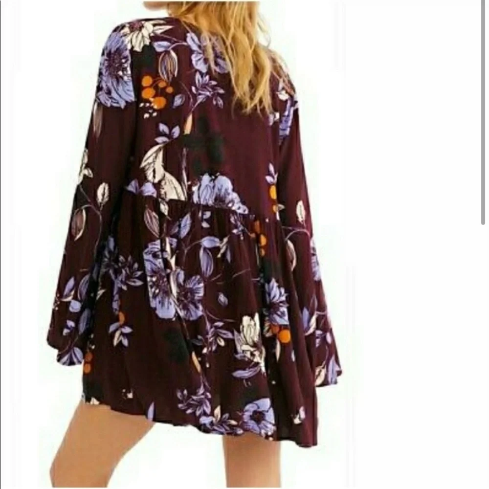 Free People Bella Floral-Print Tunic Mini Dress Purple Bell Sleeve V Neck
